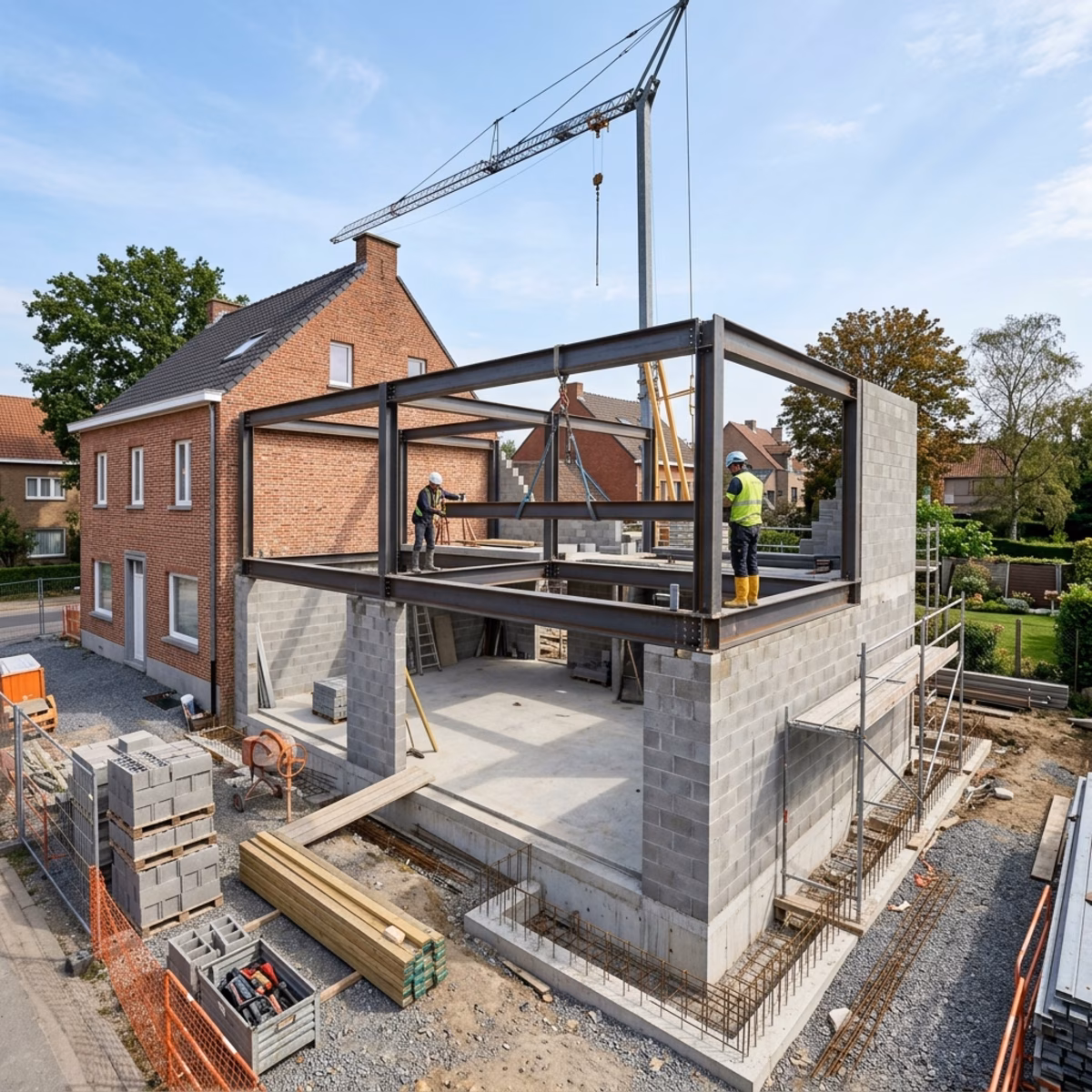 Extension structurelle de maison en construction, parpaings et béton