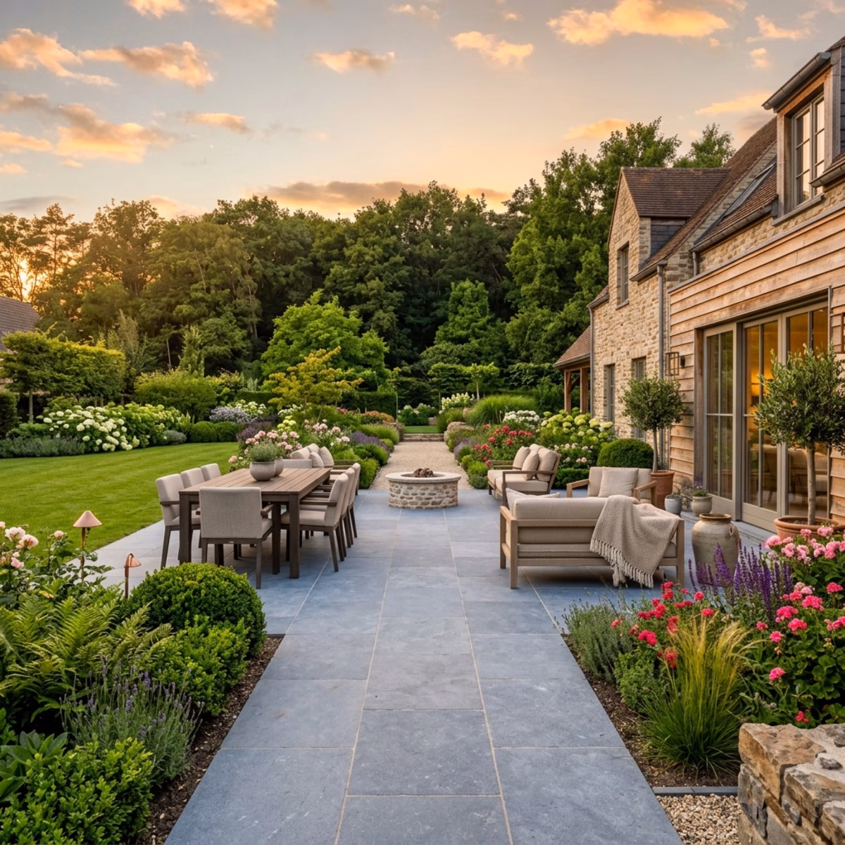 Terrasse en pierre fraîchement posée dans un jardin belge à l'heure dorée