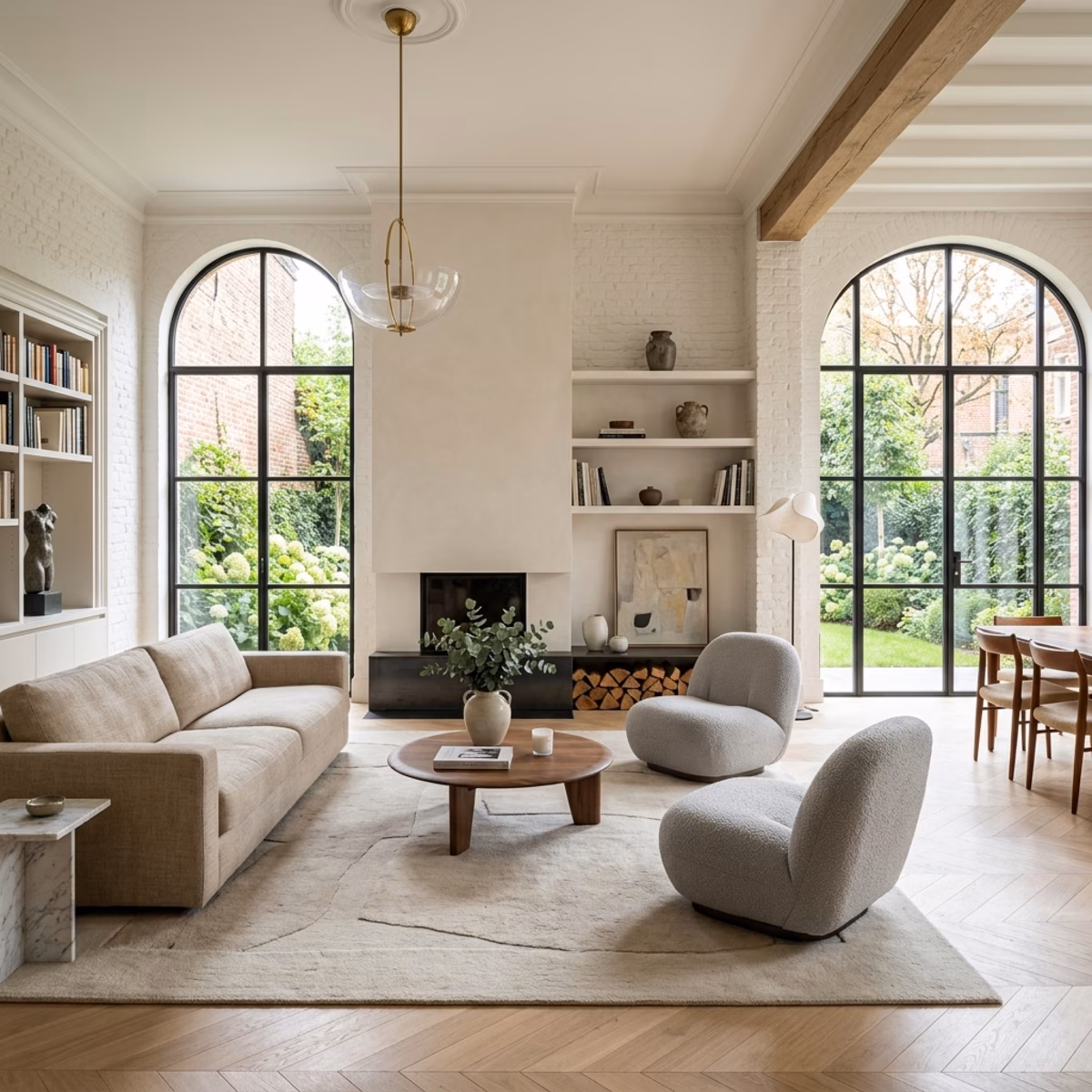 Salon rénové avec parquet chêne et grandes fenêtres dans une maison belge